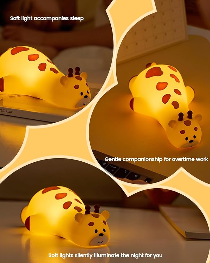 Kids Night Light Giraffe, Silicone Tap Control Bedside Lamp with Time Auto-Off, Cute Portable LED Nursery Light for Baby, Toddler, Bedroom