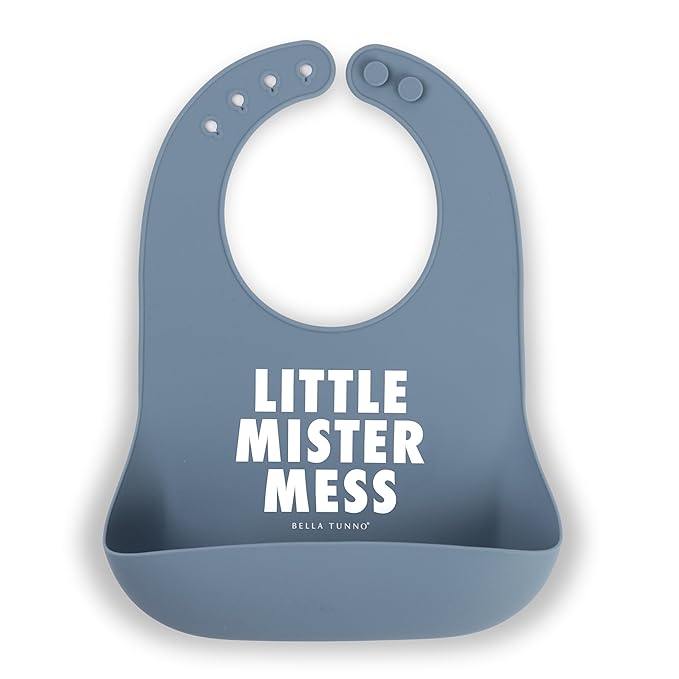 Baby Bib for Eating by Bella Tunno, Waterproof Silicone Bib with Large Food Catcher, Adjustable Fit for Babies 4-12 months & Toddlers 1-3 Years, Boys & Girls, Little Mister Mess