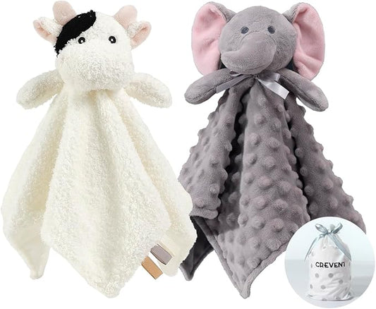 CREVENT Cozy Plush Baby Security Blanket, Loveys for Baby Girls and Boys, Birthday (Elephant +Cow)