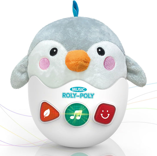 Infant Toys 0-3-6-12 Months Shower Gifts, Plush Cute Stuffed Animal Penguin Musical Baby Tummy Toys with Light & Sounds, Roly-Poly Easter Birthday Gift for Newborn Boys & Girls