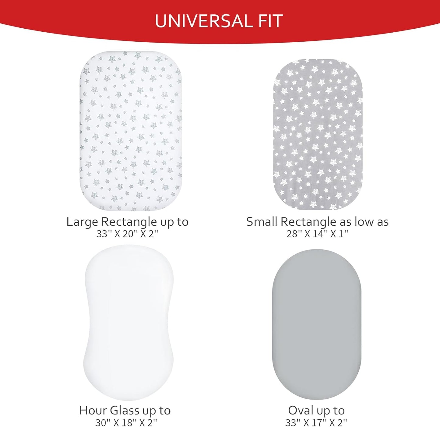 Bassinet Sheets Set 4 Pack for Baby Boy or Girl, Universal Fit for Oval, Hourglass and Rectangular Mattress, Grey