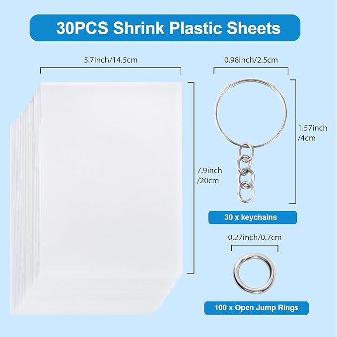 Auihiay 30PCS Shrink Plastic Sheets for Kids with 30 Keychains & 100 Jump Rings, Shrink Films Papers, Shrinky Art for DIY Handprint Keychains, Mother's Day & Father's Day Gifts