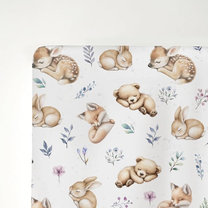 Sleeping Spring Animals Baby Crib Sheets Boy Girl 28"x52" Bear Deer Bunny Floral Leaves Soft Snug Fitted Crib Mattress Cover Cute Animals Baby Sheet for Standard Crib & Toddler Mattress