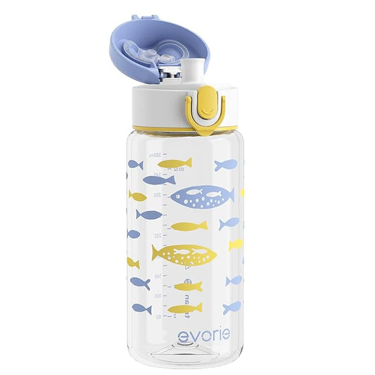 Evorie Kids Water Bottle for School, No Straw 13oz BPA Free Tritan Bottle, Leak Proof with Flip Top Lightweight for Outdoor (Ocean Blue)