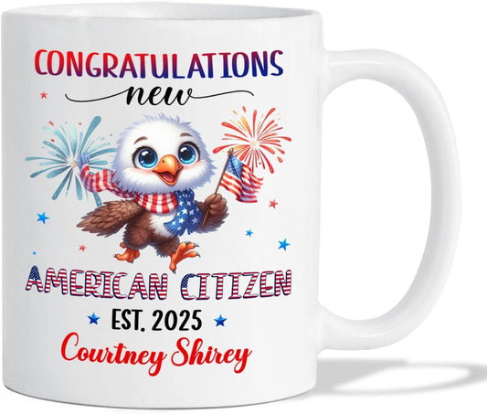 Congratulations New American Citizen Coffee Mug Gift For Daughter Son Sister Brother, Customized Congrats US Citizen White Coffee Cup With Year & Name, Personalized US Citizenship Teacup 11Oz 15Oz
