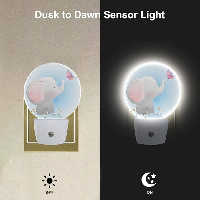EKOBLA Watercolor Elephant Night Light Cute Little Elephant Play Butterfly Night Lights Plug into Wall with Dusk to Dawn Sensor Round LED Lamp for Girls Boys Nursery