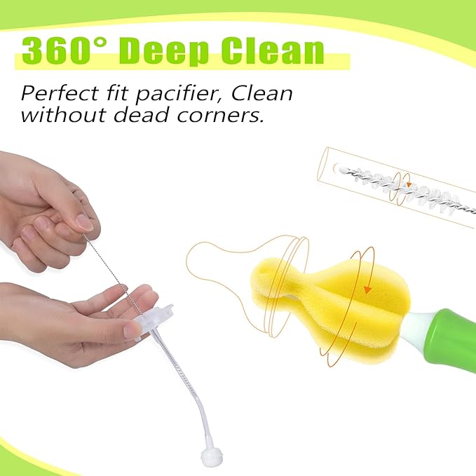 INVODA 12PCS Sponge Nipple Bottle Brushes, Baby Bottle & Nipple Cleaner with 4 Replacement Heads & 4 Straw Brushes (Yellow)