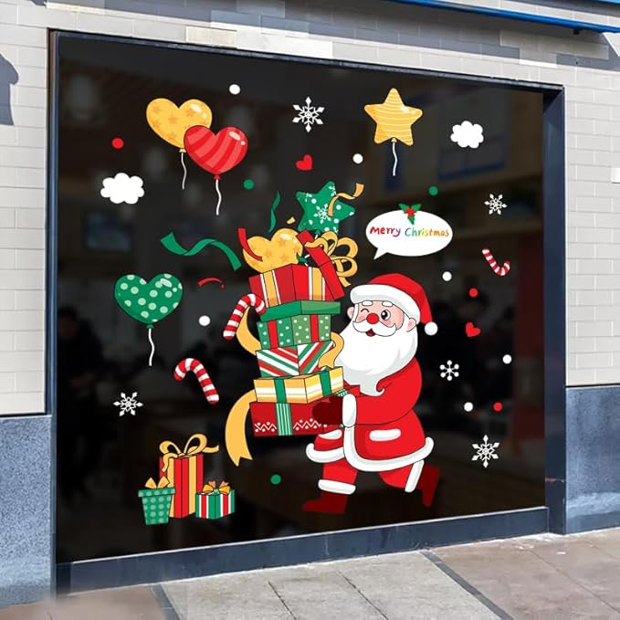 Merry Christmas Garter Window Glass Decoration Stickers Santa Claus Hug a Pile Gift Design 2026 New Holiday Removable Dress up DIY Static Window Clings Decals for Living Room Bedroom Shop Windows
