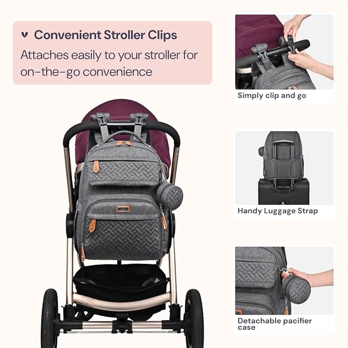 BabbleRoo Diaper Bag Backpack, Travel Backpack with Changing Pad, Pacifier Case & Stroller Straps, Multifunction, Waterproof, Unisex - Dark Gray