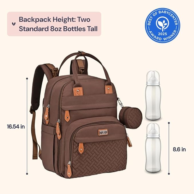 BabbleRoo Diaper Bag Backpack - Baby Essentials Travel Tote - Multi Function Water Resistant Diaper Bag, Travel Essentials Baby Bag with Changing Pad, Stroller Straps & Pacifier Case - Unisex, Brown