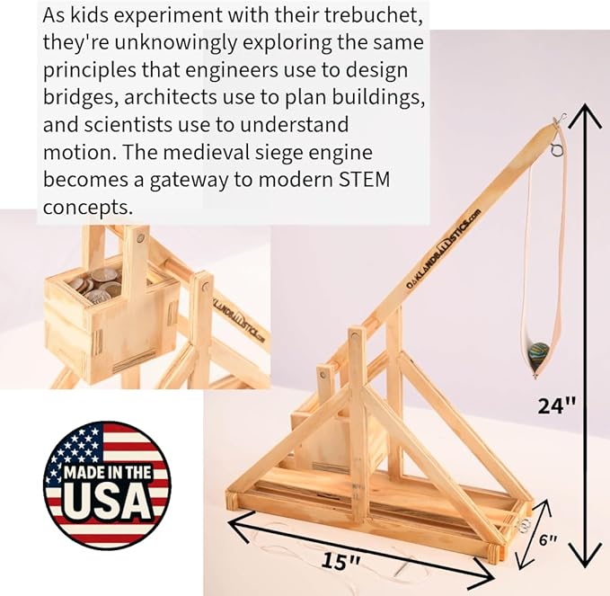 Wood Trebuchet kit for 12 and up, Fully Adjustable, launches 30+ ft. Made in America, Updated Design for 2025