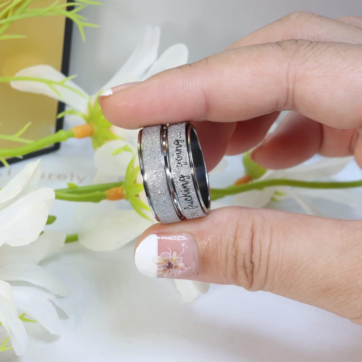 Anxiety Ring for Women Men, Titanium Stainless Steel Spinner Ring, 5 Colors, 6MM, Size 6-10, 3 Styles Anxiety Ring-Moon Star, Sandblasted Finished, Hollow Outer