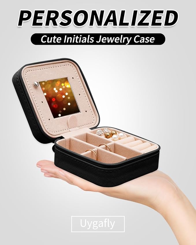 Travel Jewelry Case - Personalized Jewelry Box for Women,Small Jewelry Organizer Cute Jewelry Organizers and Storage Aesthetic,Travel Essentials Birthday Gifts for Girls Women | Black,J