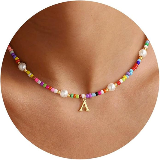 M MOOHAM Colorful Initial Necklaces for Girls - Beaded Pearl Choker Necklace for Women Teen Girl Colorful Summer Boho Necklace Jewelry, Trendy Personalized Letter Initial Gifts Birthday Gifts Kids