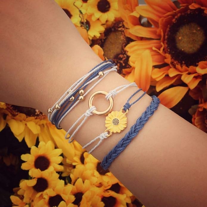 FANCY SHINY Sunflower String Bracelet Boho Braided Rope Wrap Bracelets Cute Summer Beach Surfer Jewelry for Women Christmas Gifts