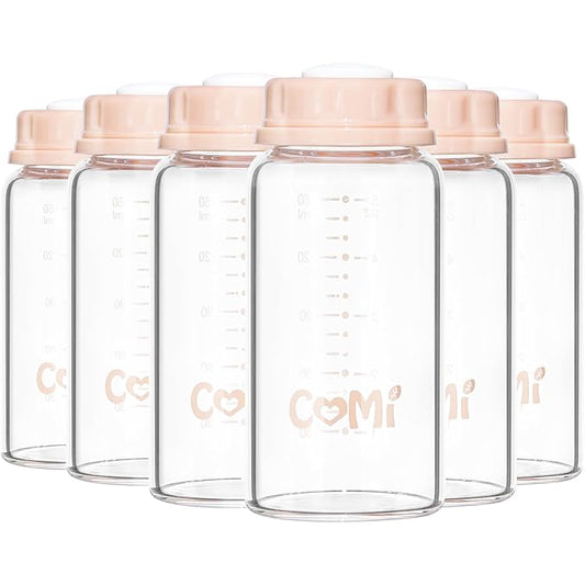 COMI Natural Glass Baby Bottle,Standard Neck Breastmilk Storage Bottle for Fridge,Breast Milk Container,Breast Pump Bottle Compatible with Medela Breast Pump,BPA Free,6PCS (5oz,6 Pink Lids)