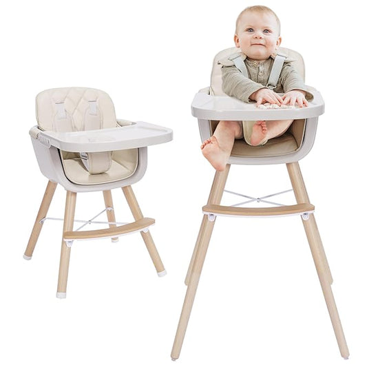 Mallify 3-in-1 Convertible Wooden High Chair, High Chairs for Babies and Toddlers, Baby High Chair with Adjustable Legs & Dishwasher Safe Tray, Made of Sleek Hardwood & Premium Leatherette, Beige
