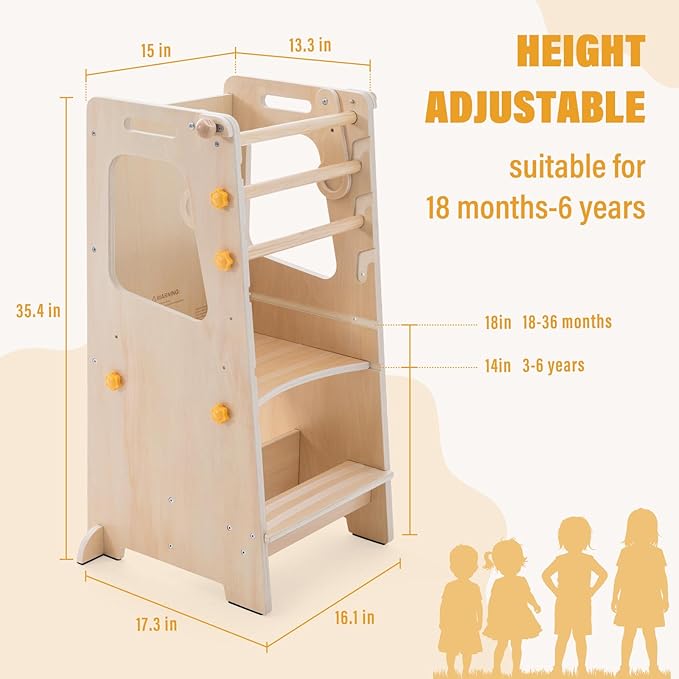Toddler Standing Tower, 4 in 1 Kitchen Stool Helper with Whiteboard, Kids Step Stool with Convertible Table and Chair, Toddler Helper Tower with Adjustable Height for Counter,Sink
