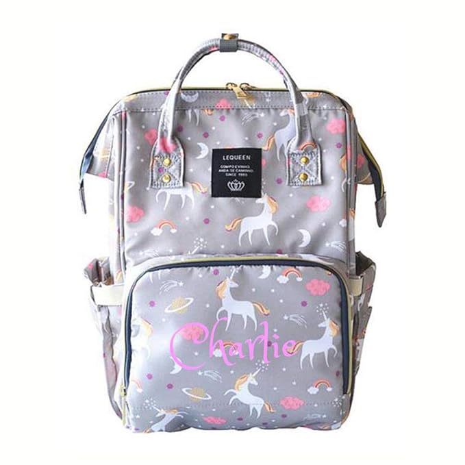 Personalized Large Diaper Bag Knapsack/Tote Bag/Backpack -Custom Monogram Embroidered for Infant/Baby Bag (Grey Unicorn 2)
