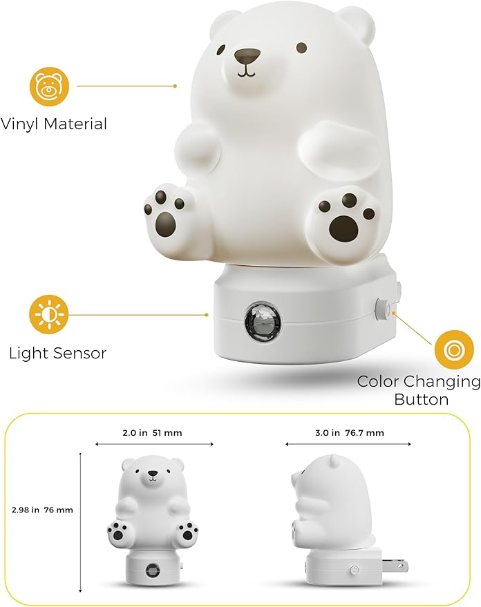 L LOHAS LED Night Light for Kids, 3D Cute Bear Night Light Plug in, Dusk to Dawn Nursery Night Lights, RGB+Soft White 3000K, 3 Lighting Modes, Christmas Birthday Gifts, Room Decor, Children