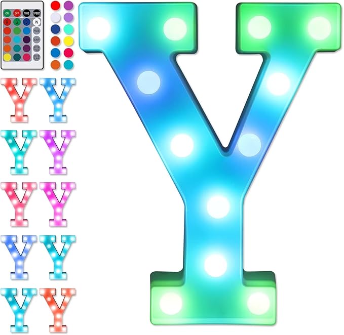 Foaky Colorful LED Letter Lights with Remote,Marquee Light Up Letters Sign for Night Light Wedding/Birthday Party Battery Powered Christmas Lamp Home Bar Decoration(Y)