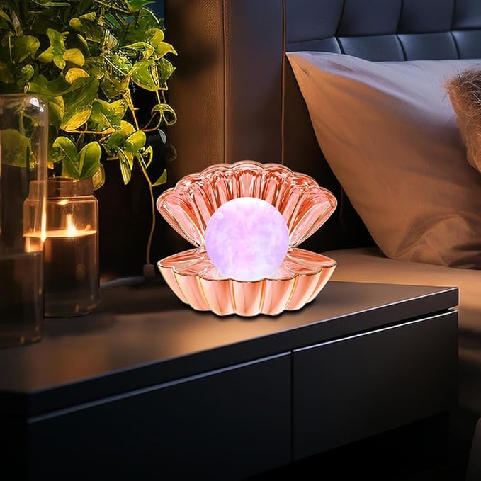 Shell Pearl Beach Themed Night Light, RGB 8 Colors Changing Mood Shell Pearl Lamps, Bedside LED Clamshell Portable Night Lights for Bar (Electroplated Rose Gold)