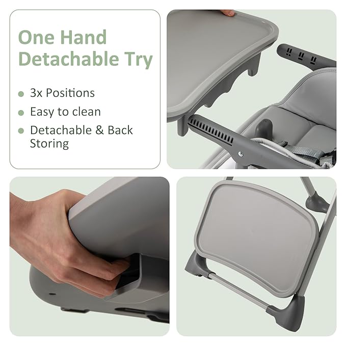 INFANS Baby High Chair, Convertible Quick Folding Portable Highchair for Babies and Toddlers with Adjustable Height Backrest Footrest 2 Wheels Removable Tray, Easy to Clean PU Seat (Grey)