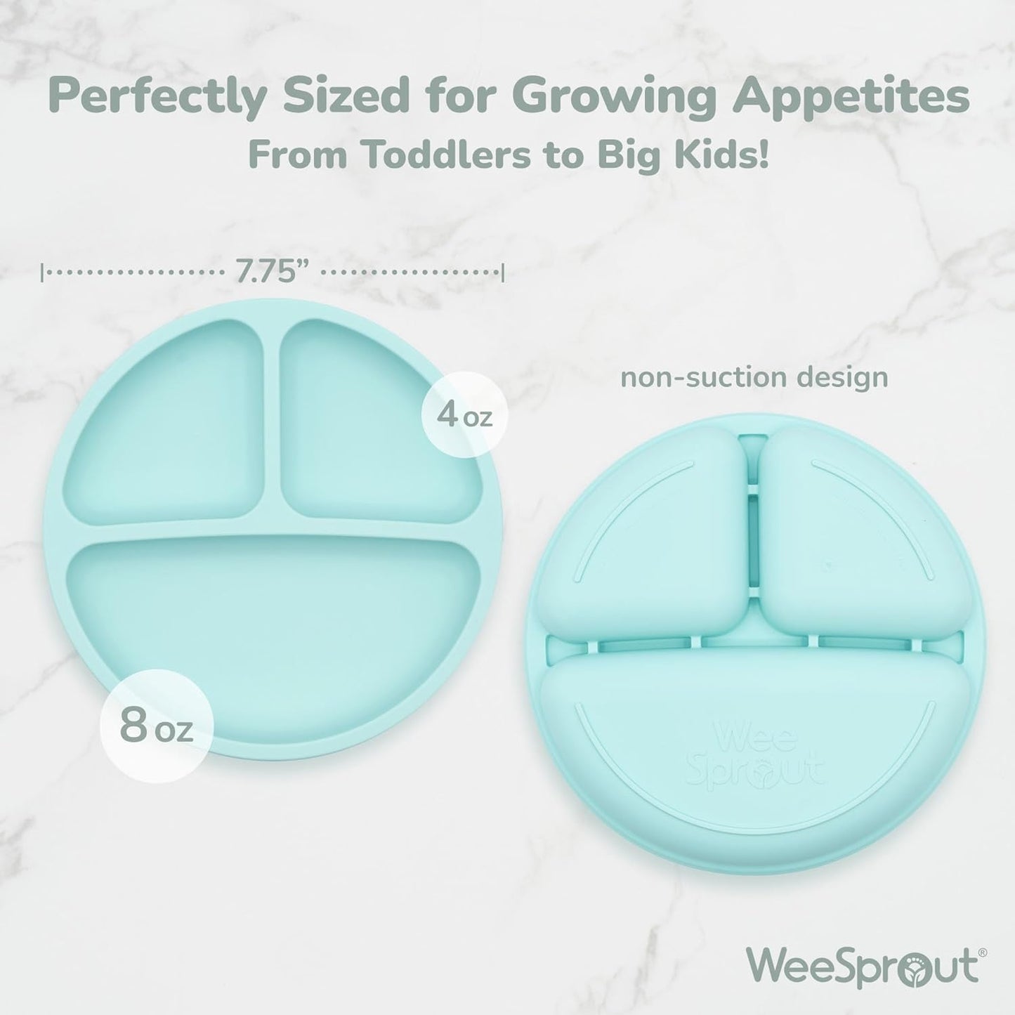 WeeSprout Silicone Divided Plates (With Lids), 100% Food Grade, Toddler & Kids Plates, Dishwasher & Microwave Safe
