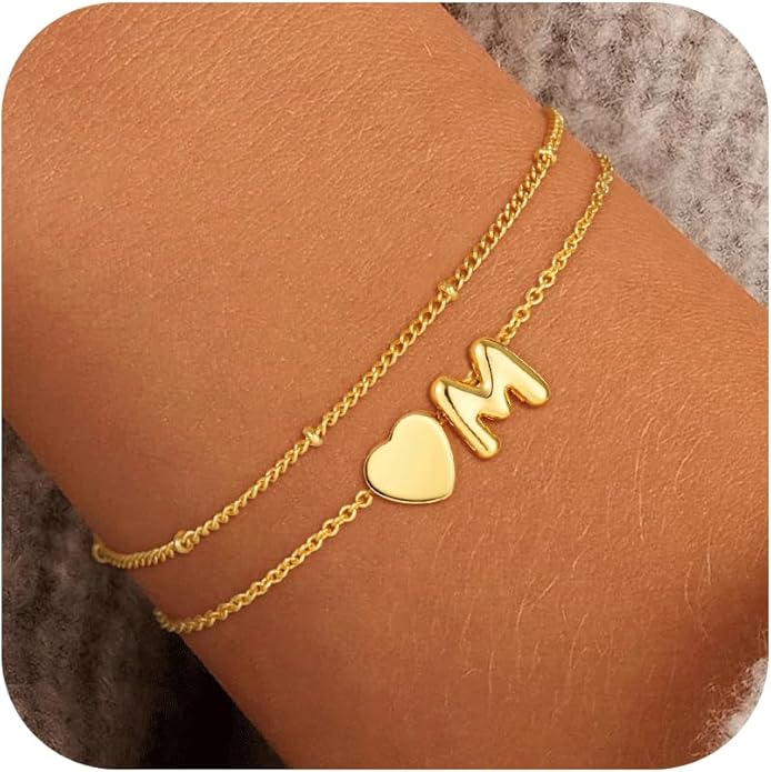 Heart Initial Bracelets for Women Girls - 18K Gold Plated A-Z Initial Bracelet Dainty Gold Bracelets for Women Teen Girl Gifts Trendy Stuff