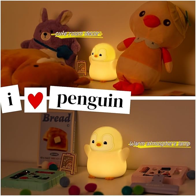 Cute Penguin Night Light, LED Squishy Xmas Penguin Lamp, Food Grade Silicone Dimmable Nightlight, Kids Gray Penguins Light, Rechargeable Light Up Penguins Gifts, Kids Room College Decor