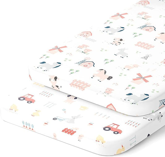 Bassinet Fitted Sheets Compatible with 4moms Breeze Plus Bassinet Model 1045 – Snuggly Soft 100% Jersey Cotton – Farm Animals – 2 Pack – Not for Old Models