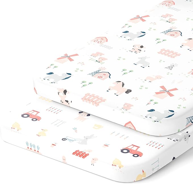 Bedside Sleeper Bassinet Fitted Sheets 33x20 for Maxi COSI Iora, Koola Baby, Baby Joy, Angelbliss, Kidsclub Bedside Bassinet – 100% Jersey Cotton – Farm Animals – 2 Pack