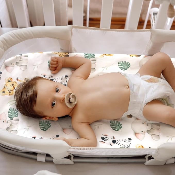 4 Pack Safari Jungle Animals Neutral Unisex Fitted Nursery Baby Sheets Set Toddler Mattress Sheets for Baby Boys or Girls (Bassinet Sheets)