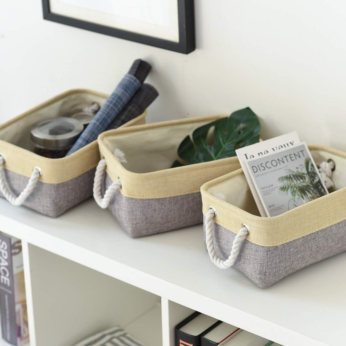 Fabric Storage Baskets for Organizing(6 Pack) Small Baskets for Shelves,storage, Laundry, Nursery, Closets, Decorative Baskets for Gifts Empty (Grey & gold, 11.8” x 7.8” x 5.1”)