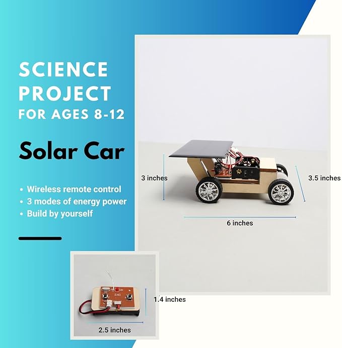 Solar-Powered Car V1, Wooden STEM Kit with Wireless Remote Control for Boys and Girls, Hybrid Powered by Solar Power and Batteries, Educational Motor Toy Gift for Kids Aged 8-12
