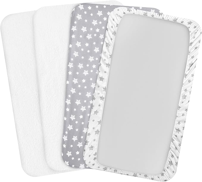 Pack and Play Sheets & Waterproof Terry Pack N Play Mattress Protector Pad Cover 4 Pack, Viscose Terry Pack N Play Sheets Set, Grey & White