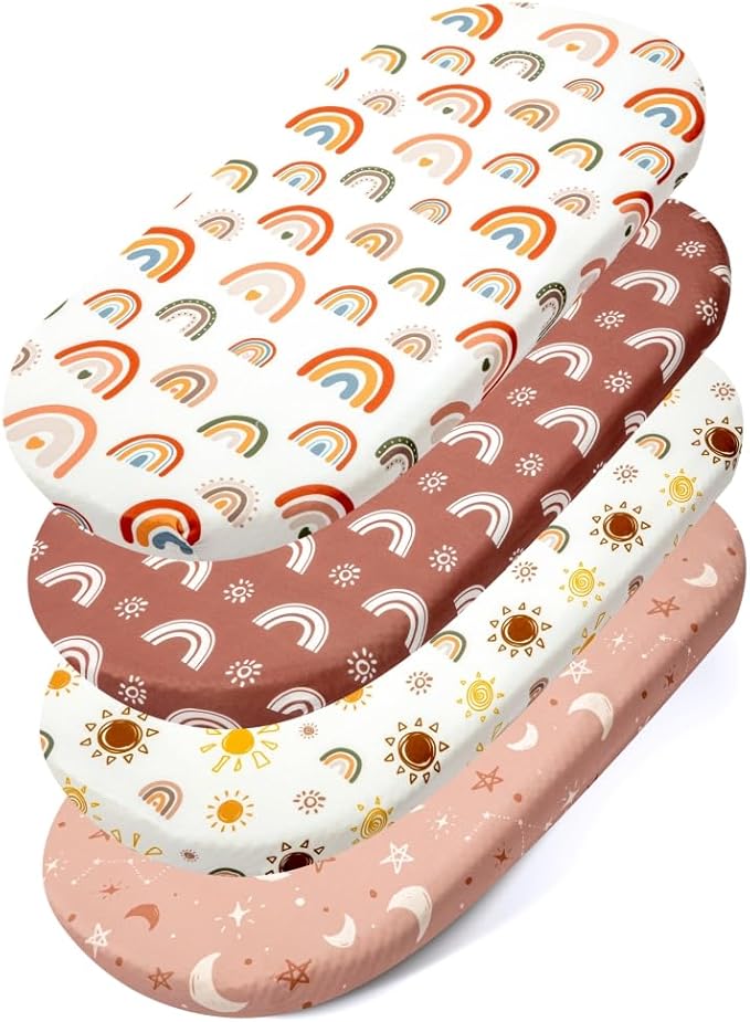 Jola's House 4 Pack Boho Bassinet Sheets - Sunshine & Rainbow Design - Neutral Unisex - Fitted Baby Bassinet Sheets