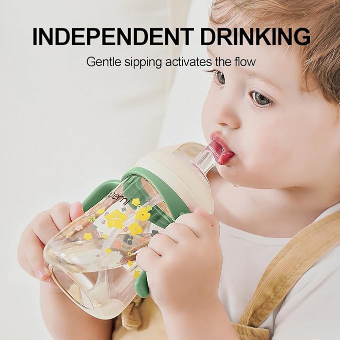 PPSU No Spill Sippy cups,Weighted Straw Toddler Water Bottle with Handle,Spill Proof Toddler Cup with Leakproof Spout for Baby 6-12 Months and Toddlers 1-3 (8 Ounce, Green, 3 Pack)
