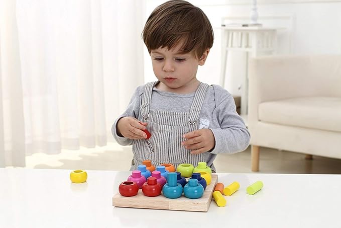 Wooden Color Sorting Stacking Rings Board Educational Learning Counting Toys Puzzle Games for 1 Year Old Preschool Kids Children Gift