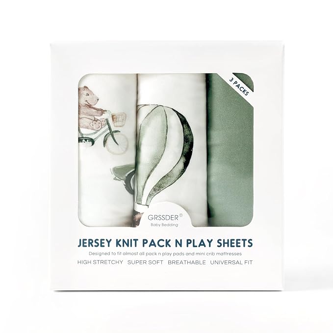 GRSSDER Pack n Play Sheets Fitted 3 Pack, Stretchy Ultra Soft Jersey Knit Pack and Play Sheets, Universal Fitted Portable/Mini Crib Mattresses Snug and Safe, Neutral Pattern of Cars Print