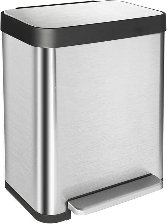 10 Gallon Stainless Steel Trash Can with Removable Inner Bucket, Soft Close Lid, and Hands-Free Foot Pedal - Modern Kitchen Waste Bin