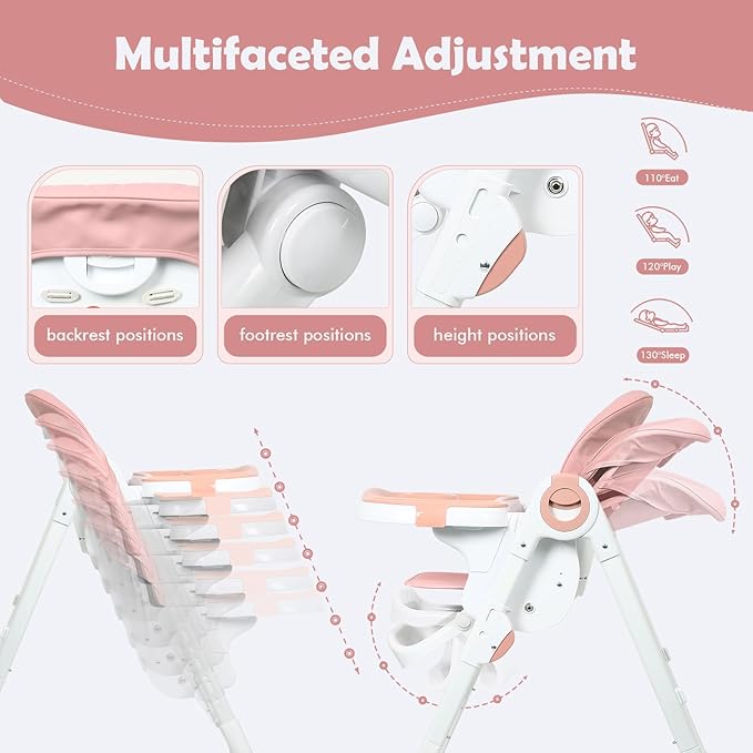 4 in 1 High Chairs for Babies and Toddlers, Foldable Baby High Chairs, Feeding and Eating Seat Highchair with 4 Levels of Recline and 7 Levels of Height Adjustment, Pink