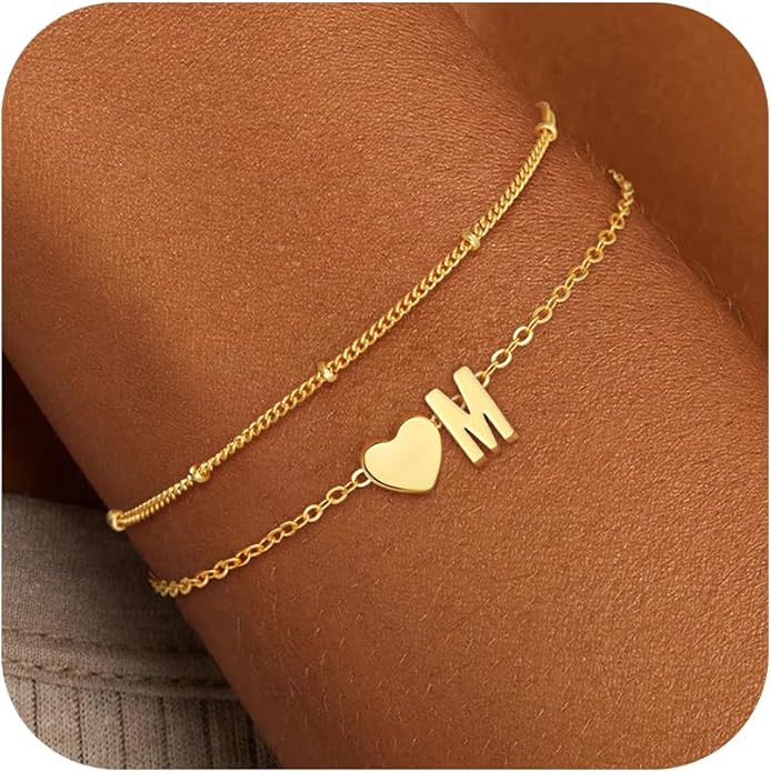 Gold Initial Bracelets for Women Girls - 14K Gold Plated Heart Initial Bracelet Teen Girl Gifts Trendy Stuff Dainty Gold Bracelets for Women Girls Trendy Jewelry Gifts