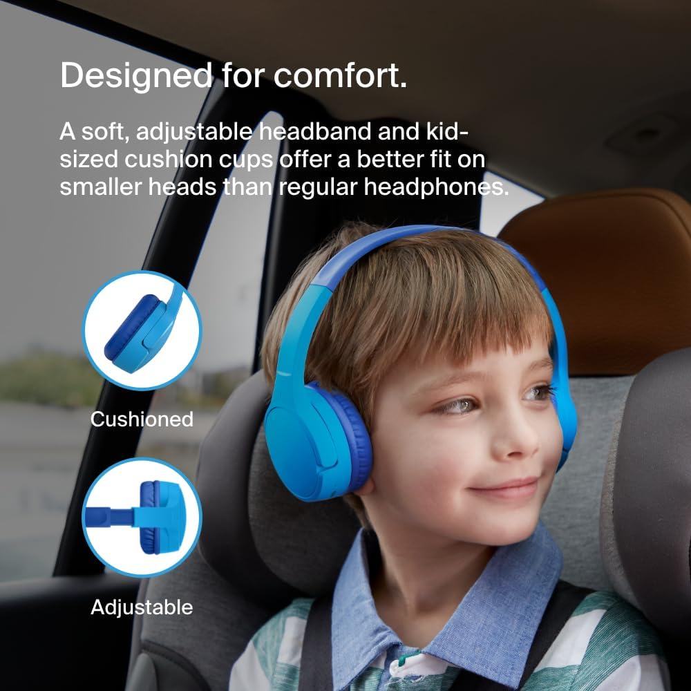 Belkin SoundForm Mini - Wireless Bluetooth Kids Headphones, 30H Battery, 85dB Safe Volume Limit, Built-in Microphone - Toddler On-Ear Earphones for iPhone, iPad - Ideal for School - Blue w/ Case