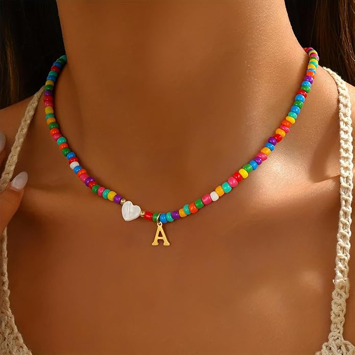Colorful Initial Necklaces for Girls Women Kids - Teen Girls Gifts Trendy Beaded Initial Necklace Dainty Letter Gifts Choker Necklace for Girl Jewelry