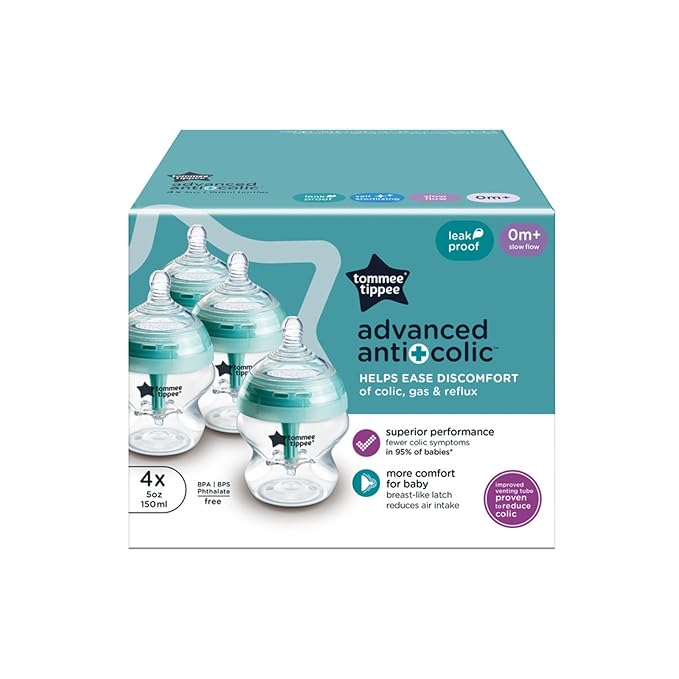Tommee Tippee Advanced Anti-Colic 5 oz BPA Free Baby Bottles, Newborn 0+ Months, Slow Flow Breast-Like Nipple, Unique Design Keeps Air Away from Milk and Baby, Clear, Pack of 4