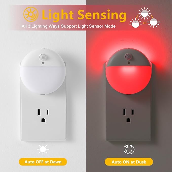2 Pack Plug in Red Sleep Night Light, Dusk to Dawn, 3 Lighting Ways, Soft Glow, Stepless Dimming, LED Lights for Bedroom, Sleep, Baby Nursery, Kids, Toddler, Bathroom, Hallway, Home Decor