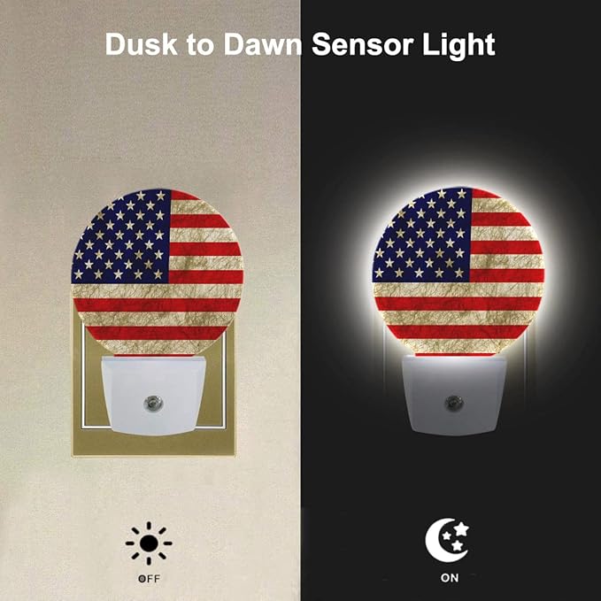 EKOBLA USA Flag Patriotic Night Light Vintage American Flag Plug-in Nightlights Home Auto Sensor LED Dusk to Dawn Light for Bedroom Bathroom Kitchen Corridor