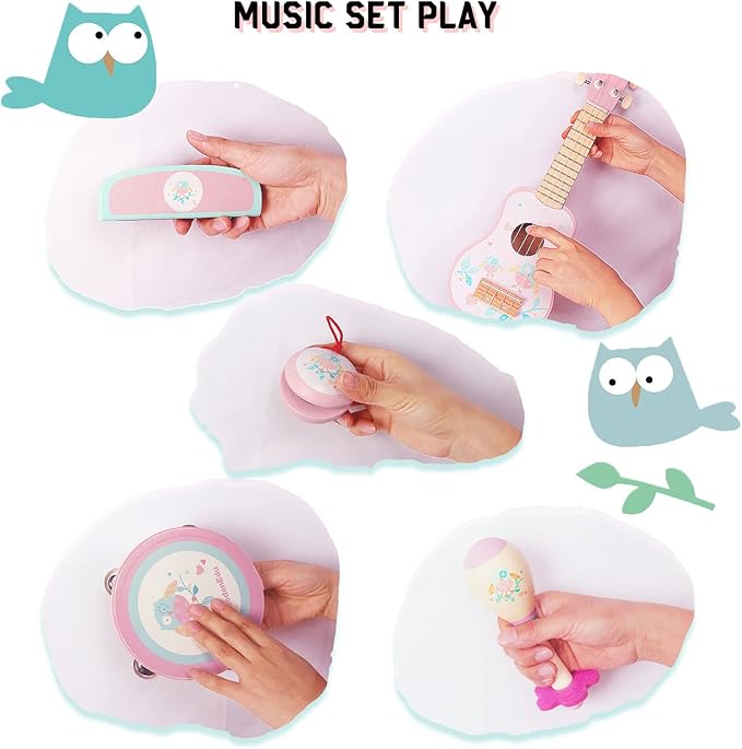 Kids Guitar for Girls, Wooden Musical Instruments Toys with Ukulele, Tambourine, Maracas, Harmonica, Mini Band Sets for Toddlers 2 3 Years Old Birthday Gift (Pink for Girls)