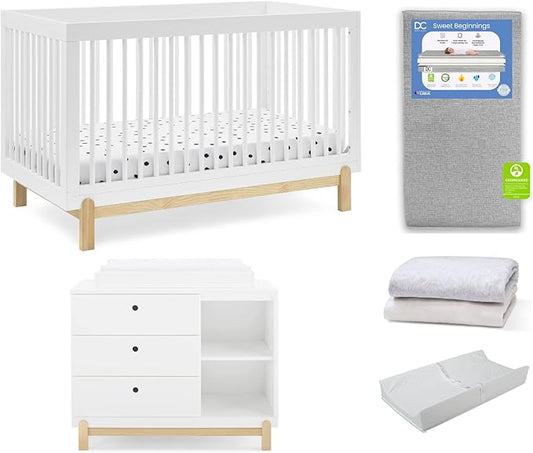 Delta Children Poppy 6-Piece Baby Nursery Furniture SetIncludes: Convertible Crib, Dresser, Changing Top, Mattress, Sheets, & Changing Pad, Bianca White w/Natural